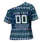 Personalized Canberra Raiders Christmas Cross Shoulder Shirt Australian Rugby Fans - Pixelated Ugly Xmas Pattern Mascot Santa