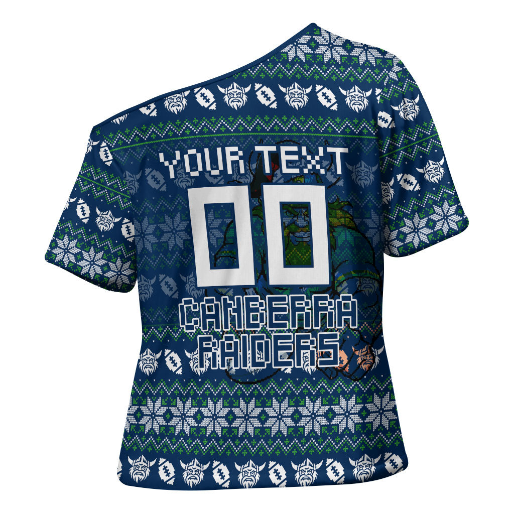 Personalized Canberra Raiders Christmas Cross Shoulder Shirt Australian Rugby Fans - Pixelated Ugly Xmas Pattern Mascot Santa