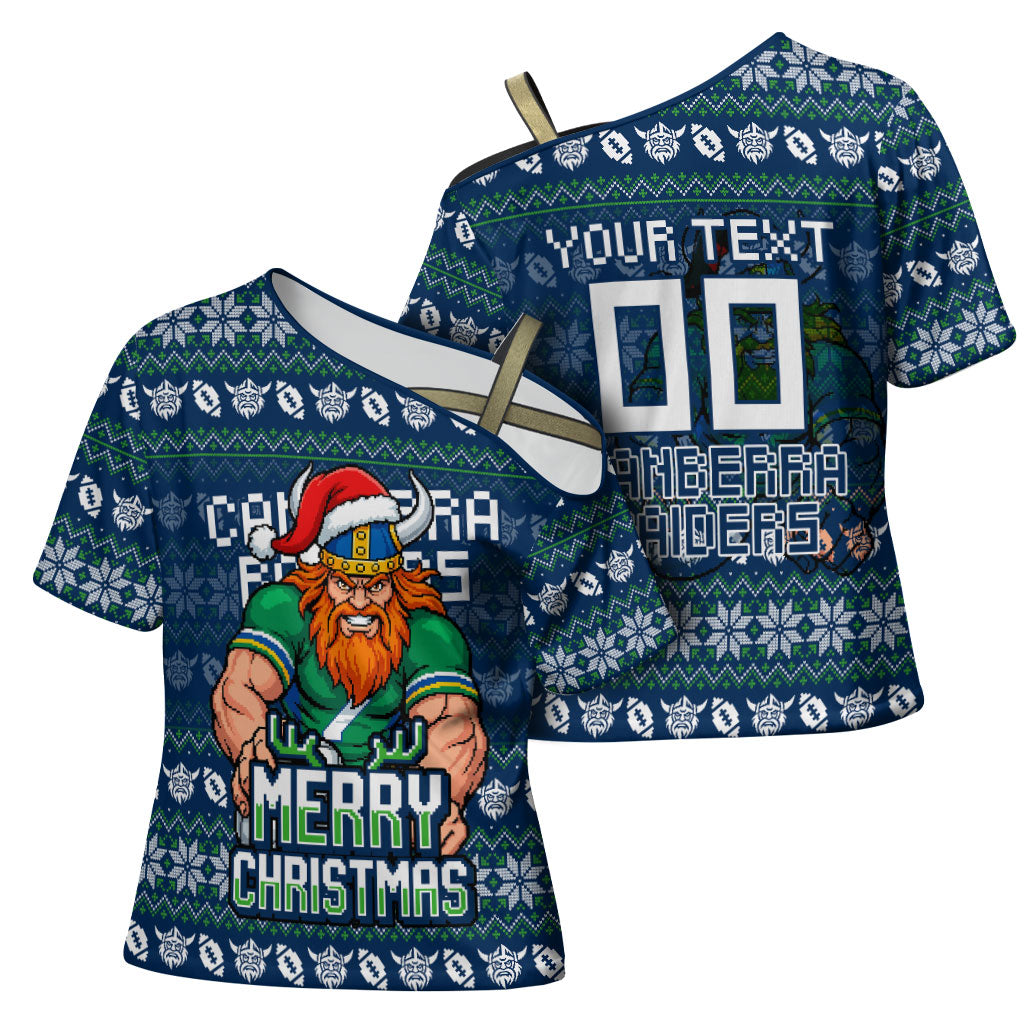 Personalized Canberra Raiders Christmas Cross Shoulder Shirt Australian Rugby Fans - Pixelated Ugly Xmas Pattern Mascot Santa