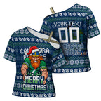 Personalized Canberra Raiders Christmas Cross Shoulder Shirt Australian Rugby Fans - Pixelated Ugly Xmas Pattern Mascot Santa