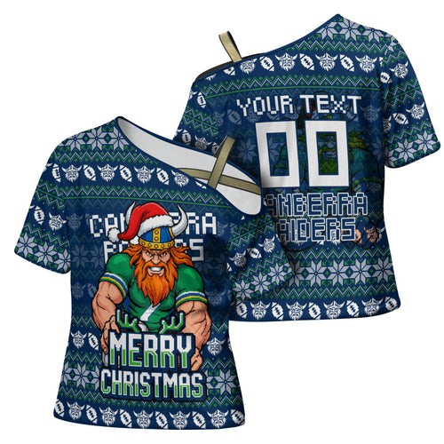Personalized Canberra Raiders Christmas Cross Shoulder Shirt Australian Rugby Fans - Pixelated Ugly Xmas Pattern Mascot Santa