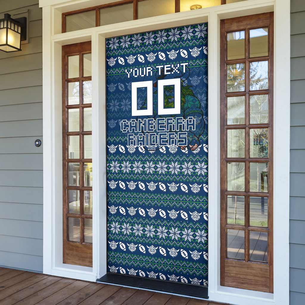 Personalized Canberra Raiders Christmas Door Cover Australian Rugby Fans - Pixelated Ugly Xmas Pattern Mascot Santa