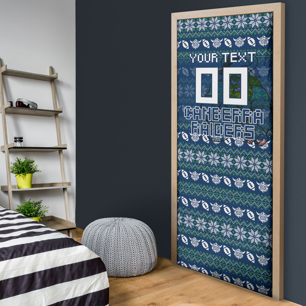 Personalized Canberra Raiders Christmas Door Cover Australian Rugby Fans - Pixelated Ugly Xmas Pattern Mascot Santa