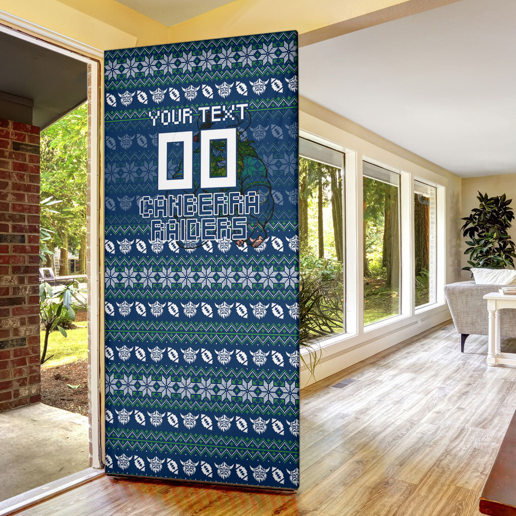 Personalized Canberra Raiders Christmas Door Cover Australian Rugby Fans - Pixelated Ugly Xmas Pattern Mascot Santa