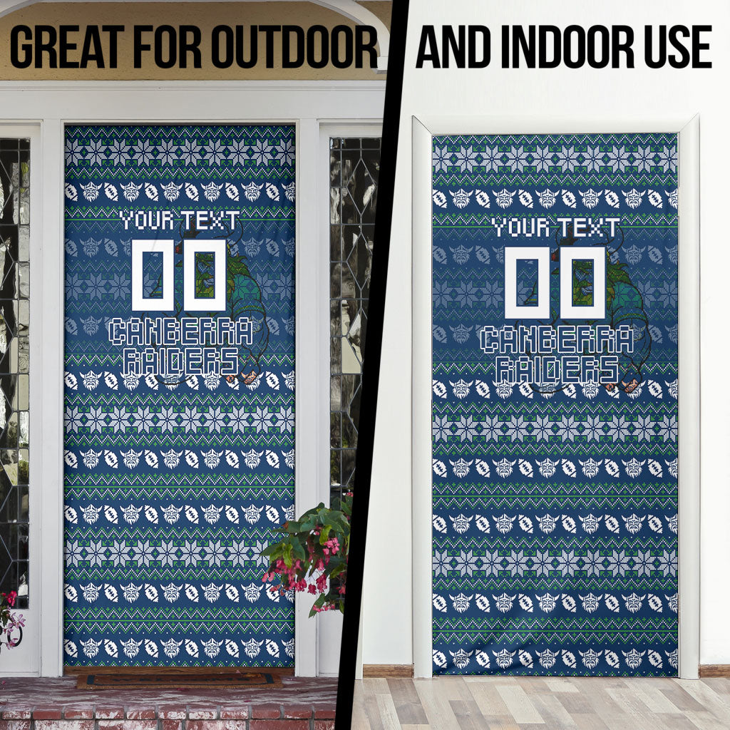 Personalized Canberra Raiders Christmas Door Cover Australian Rugby Fans - Pixelated Ugly Xmas Pattern Mascot Santa