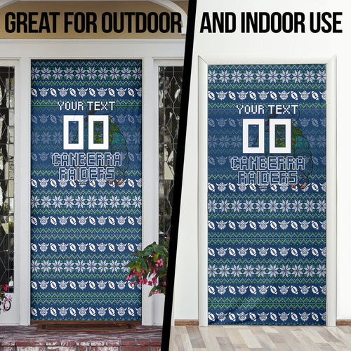 Personalized Canberra Raiders Christmas Door Cover Australian Rugby Fans - Pixelated Ugly Xmas Pattern Mascot Santa