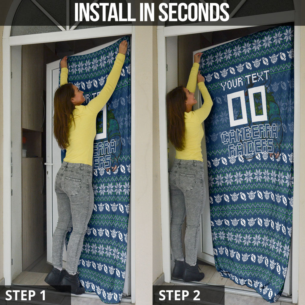 Personalized Canberra Raiders Christmas Door Cover Australian Rugby Fans - Pixelated Ugly Xmas Pattern Mascot Santa