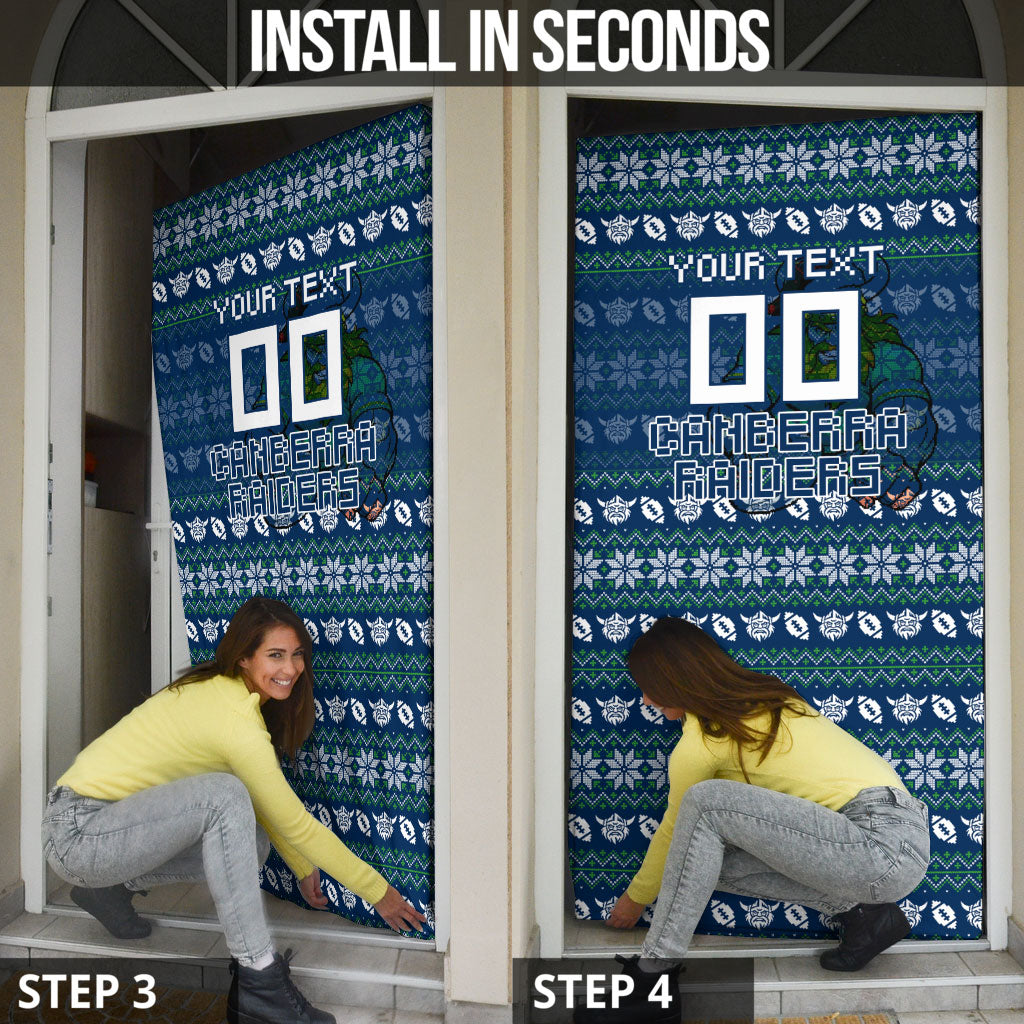 Personalized Canberra Raiders Christmas Door Cover Australian Rugby Fans - Pixelated Ugly Xmas Pattern Mascot Santa