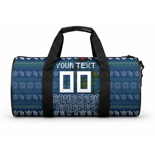 Personalized Canberra Raiders Christmas Duffle Bag Australian Rugby Fans - Pixelated Ugly Xmas Pattern Mascot Santa