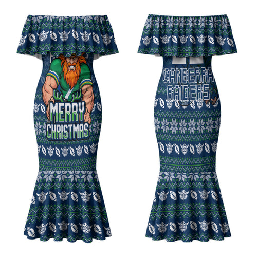 Personalized Canberra Raiders Christmas Family Matching Mermaid Dress and Hawaiian Shirt Australian Rugby Fans - Pixelated Ugly Xmas Pattern Mascot Santa