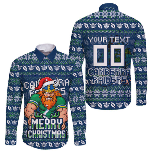 Personalized Canberra Raiders Christmas Family Matching Mermaid Dress and Hawaiian Shirt Australian Rugby Fans - Pixelated Ugly Xmas Pattern Mascot Santa