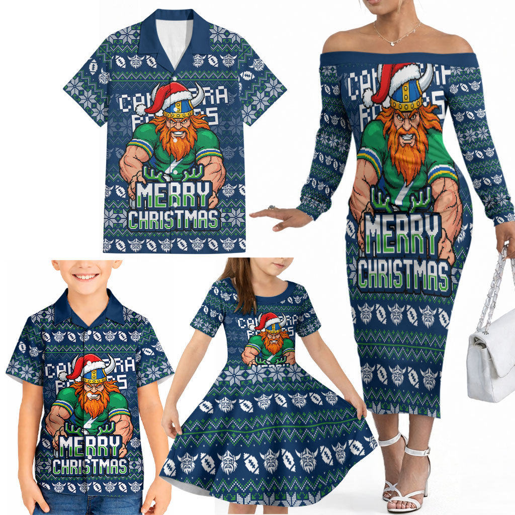 Personalized Canberra Raiders Christmas Family Matching Off The Shoulder Long Sleeve Dress and Hawaiian Shirt Australian Rugby Fans - Pixelated Ugly Xmas Pattern Mascot Santa