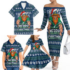 Personalized Canberra Raiders Christmas Family Matching Off The Shoulder Long Sleeve Dress and Hawaiian Shirt Australian Rugby Fans - Pixelated Ugly Xmas Pattern Mascot Santa