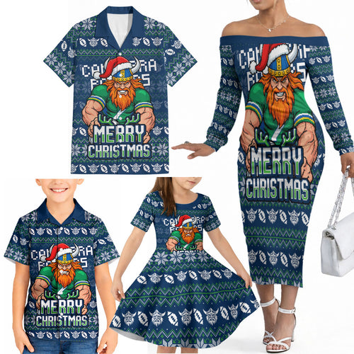 Personalized Canberra Raiders Christmas Family Matching Off The Shoulder Long Sleeve Dress and Hawaiian Shirt Australian Rugby Fans - Pixelated Ugly Xmas Pattern Mascot Santa