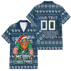 Personalized Canberra Raiders Christmas Family Matching Off The Shoulder Long Sleeve Dress and Hawaiian Shirt Australian Rugby Fans - Pixelated Ugly Xmas Pattern Mascot Santa