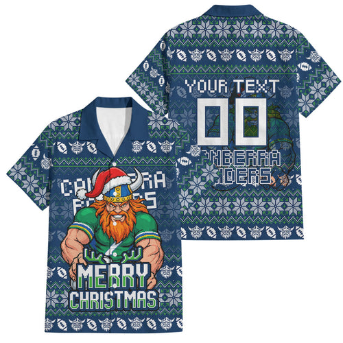 Personalized Canberra Raiders Christmas Family Matching Off The Shoulder Long Sleeve Dress and Hawaiian Shirt Australian Rugby Fans - Pixelated Ugly Xmas Pattern Mascot Santa