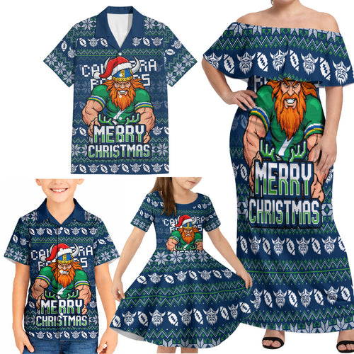 Personalized Canberra Raiders Christmas Family Matching Off Shoulder Maxi Dress and Hawaiian Shirt Australian Rugby Fans - Pixelated Ugly Xmas Pattern Mascot Santa
