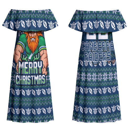 Personalized Canberra Raiders Christmas Family Matching Off Shoulder Maxi Dress and Hawaiian Shirt Australian Rugby Fans - Pixelated Ugly Xmas Pattern Mascot Santa