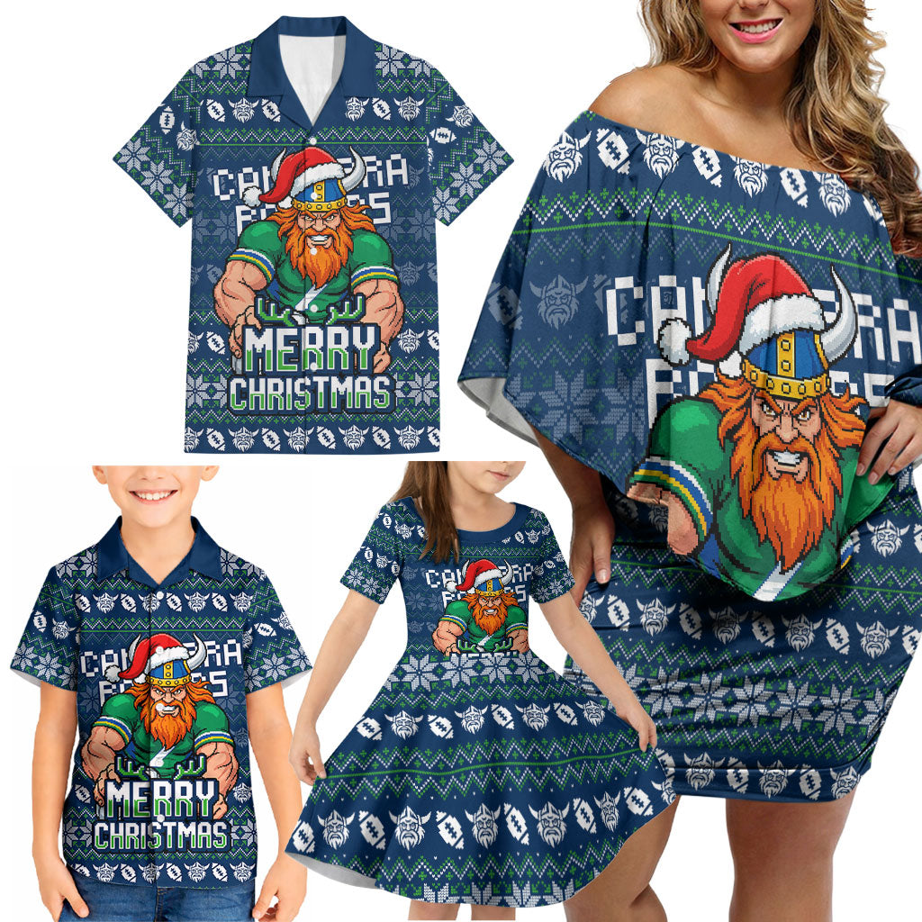 Personalized Canberra Raiders Christmas Family Matching Off Shoulder Short Dress and Hawaiian Shirt Australian Rugby Fans - Pixelated Ugly Xmas Pattern Mascot Santa