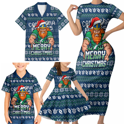 Personalized Canberra Raiders Christmas Family Matching Short Sleeve Bodycon Dress and Hawaiian Shirt Australian Rugby Fans - Pixelated Ugly Xmas Pattern Mascot Santa
