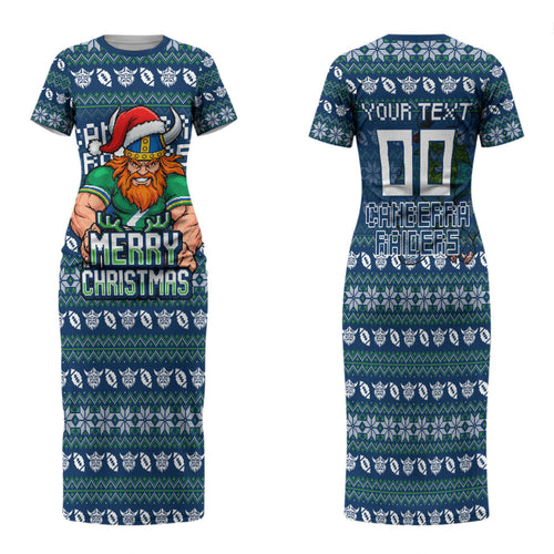 Personalized Canberra Raiders Christmas Family Matching Short Sleeve Bodycon Dress and Hawaiian Shirt Australian Rugby Fans - Pixelated Ugly Xmas Pattern Mascot Santa