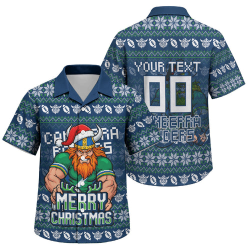 Personalized Canberra Raiders Christmas Family Matching Short Sleeve Bodycon Dress and Hawaiian Shirt Australian Rugby Fans - Pixelated Ugly Xmas Pattern Mascot Santa