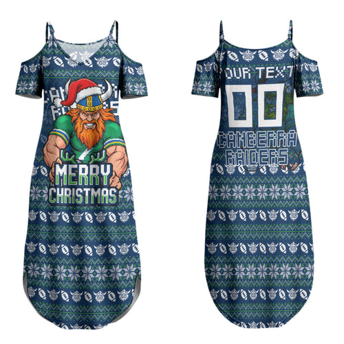 Personalized Canberra Raiders Christmas Family Matching Summer Maxi Dress and Hawaiian Shirt Australian Rugby Fans - Pixelated Ugly Xmas Pattern Mascot Santa