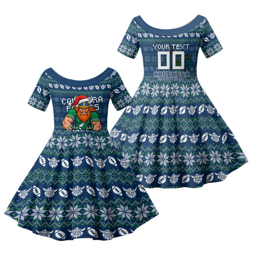 Personalized Canberra Raiders Christmas Family Matching Summer Maxi Dress and Hawaiian Shirt Australian Rugby Fans - Pixelated Ugly Xmas Pattern Mascot Santa
