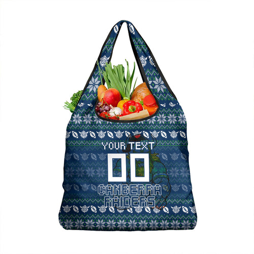 Personalized Canberra Raiders Christmas Grocery Bag Australian Rugby Fans - Pixelated Ugly Xmas Pattern Mascot Santa