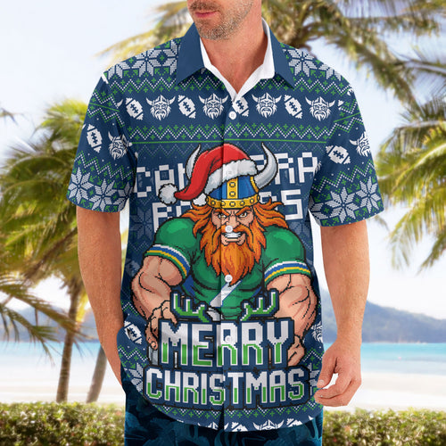 Personalized Canberra Raiders Christmas Hawaiian Shirt Australian Rugby Fans - Pixelated Ugly Xmas Pattern Mascot Santa