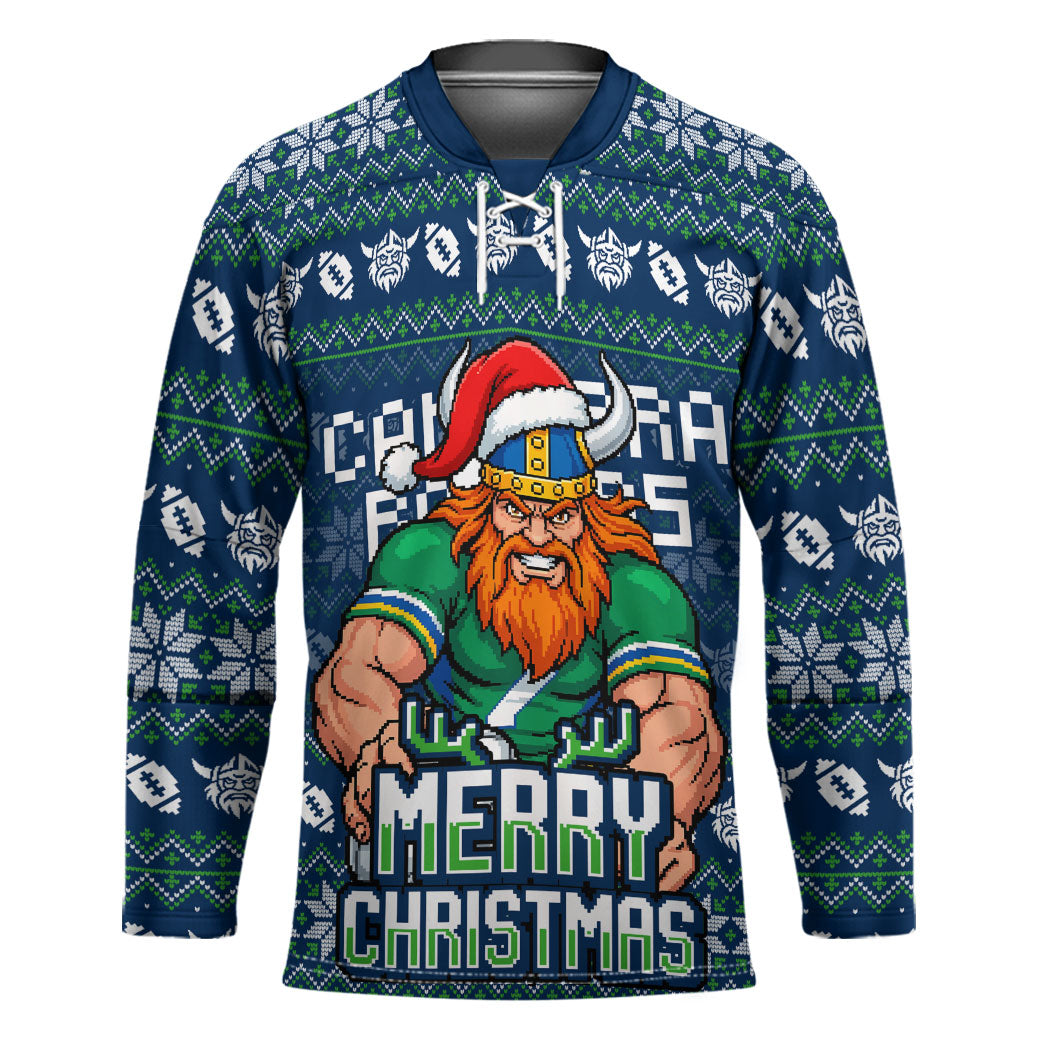Personalized Canberra Raiders Christmas Hockey Jersey Australian Rugby Fans - Pixelated Ugly Xmas Pattern Mascot Santa