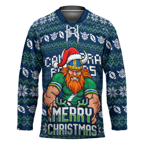 Personalized Canberra Raiders Christmas Hockey Jersey Australian Rugby Fans - Pixelated Ugly Xmas Pattern Mascot Santa