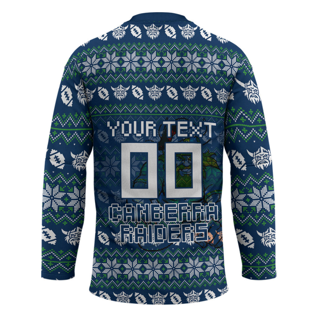 Personalized Canberra Raiders Christmas Hockey Jersey Australian Rugby Fans - Pixelated Ugly Xmas Pattern Mascot Santa