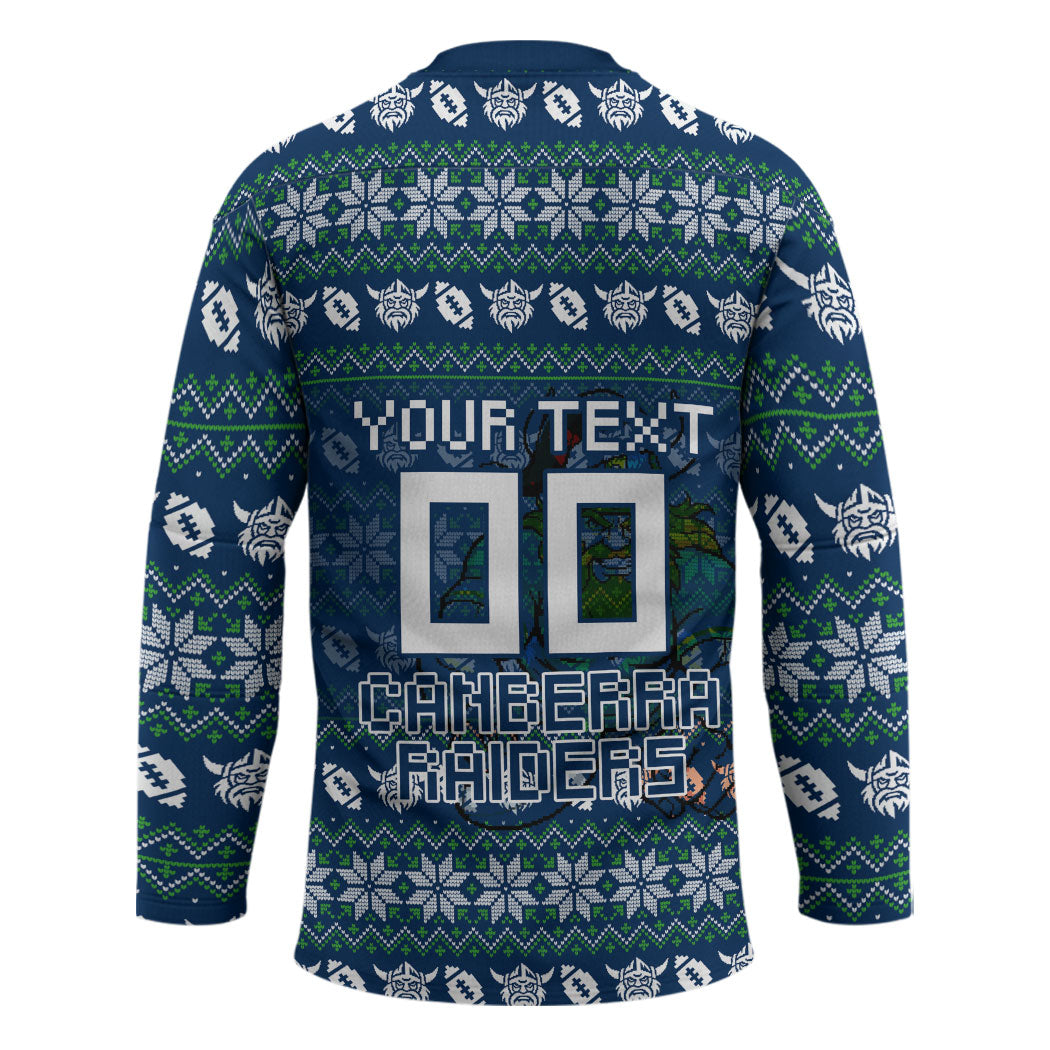 Personalized Canberra Raiders Christmas Hockey Jersey Australian Rugby Fans - Pixelated Ugly Xmas Pattern Mascot Santa