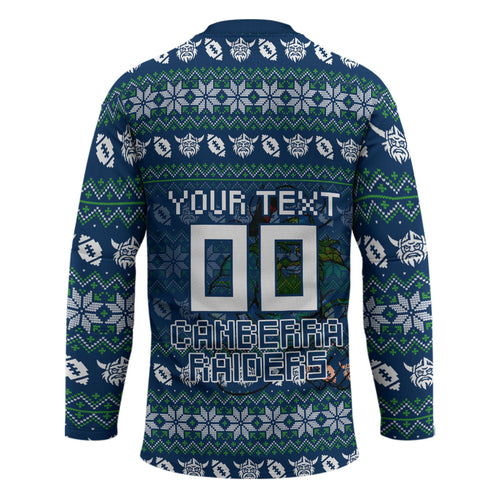 Personalized Canberra Raiders Christmas Hockey Jersey Australian Rugby Fans - Pixelated Ugly Xmas Pattern Mascot Santa