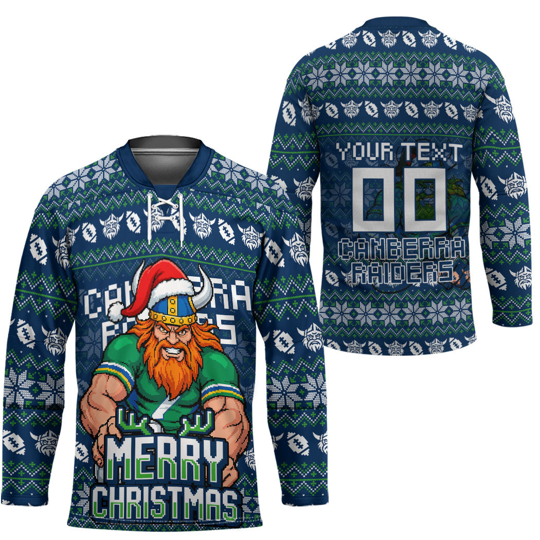 Personalized Canberra Raiders Christmas Hockey Jersey Australian Rugby Fans - Pixelated Ugly Xmas Pattern Mascot Santa