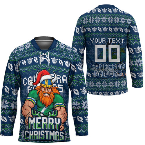 Personalized Canberra Raiders Christmas Hockey Jersey Australian Rugby Fans - Pixelated Ugly Xmas Pattern Mascot Santa