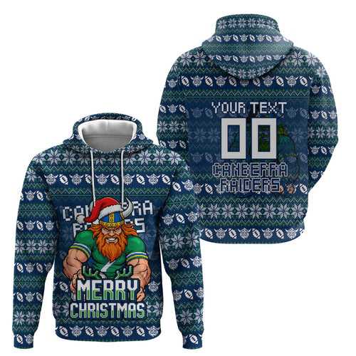 Personalized Canberra Raiders Christmas Hoodie Australian Rugby Fans - Pixelated Ugly Xmas Pattern Mascot Santa