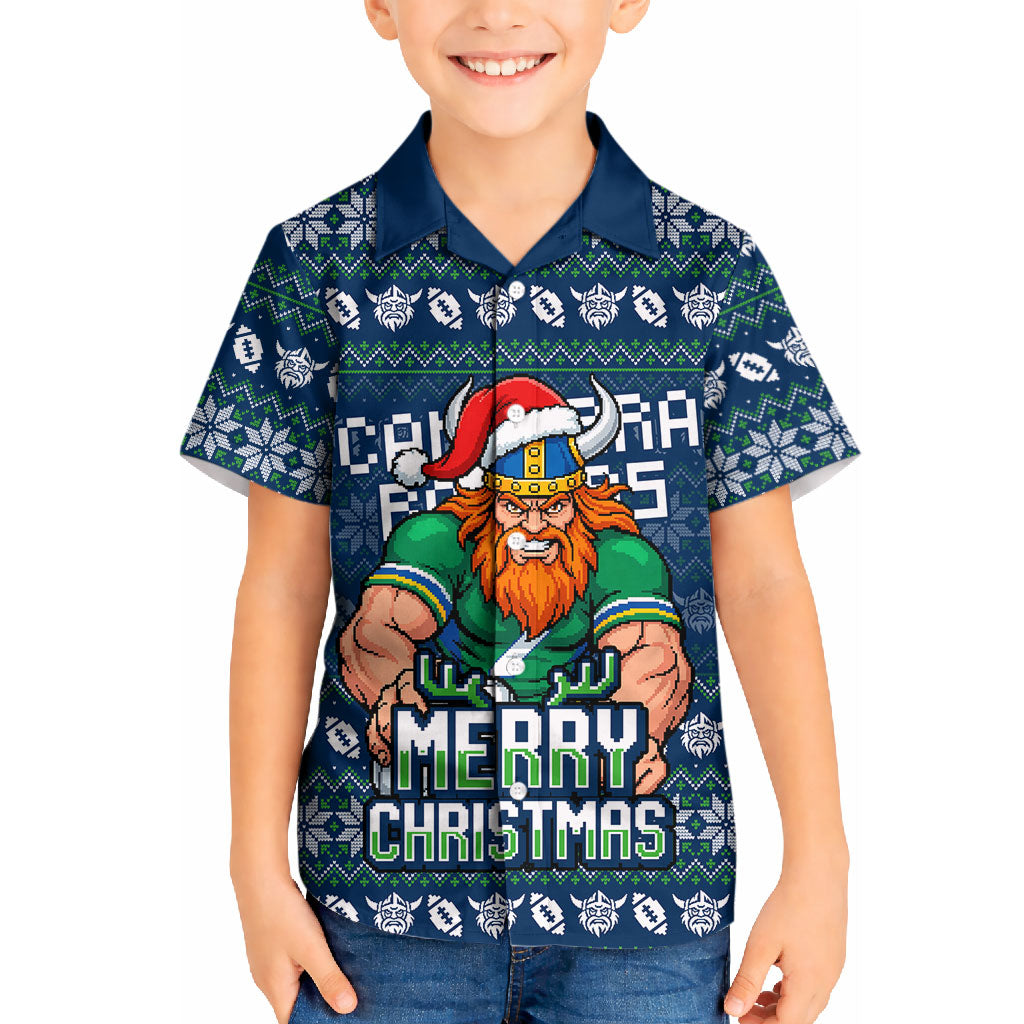 Personalized Canberra Raiders Christmas Kid Hawaiian Shirt Australian Rugby Fans - Pixelated Ugly Xmas Pattern Mascot Santa