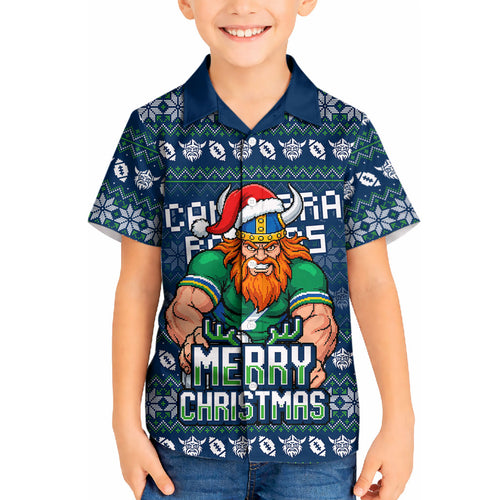 Personalized Canberra Raiders Christmas Kid Hawaiian Shirt Australian Rugby Fans - Pixelated Ugly Xmas Pattern Mascot Santa