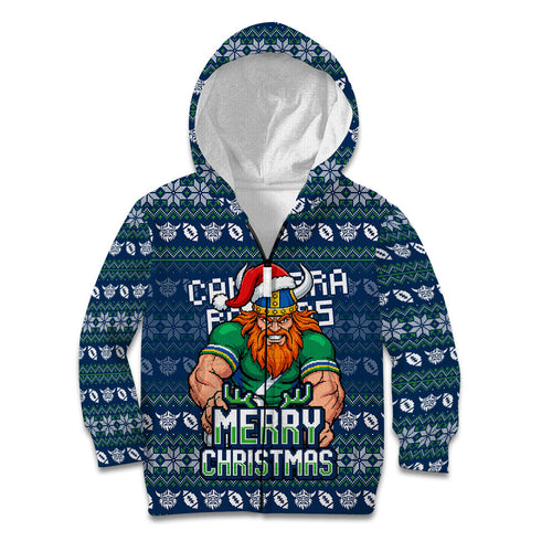 Personalized Canberra Raiders Christmas Kid Hoodie Australian Rugby Fans - Pixelated Ugly Xmas Pattern Mascot Santa