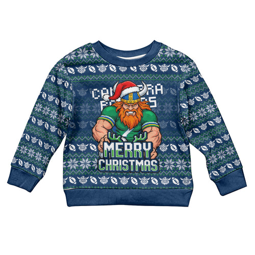 Personalized Canberra Raiders Christmas Kid Ugly Christmas Sweater Australian Rugby Fans - Pixelated Ugly Xmas Pattern Mascot Santa