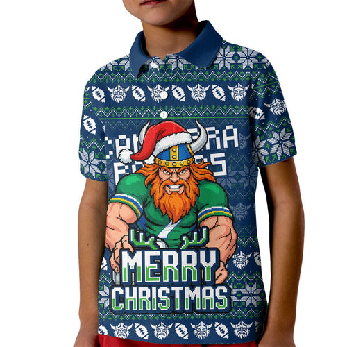 Personalized Canberra Raiders Christmas Kid Polo Shirt Australian Rugby Fans - Pixelated Ugly Xmas Pattern Mascot Santa