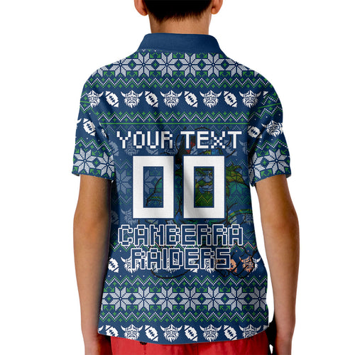 Personalized Canberra Raiders Christmas Kid Polo Shirt Australian Rugby Fans - Pixelated Ugly Xmas Pattern Mascot Santa