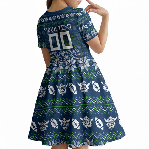 Personalized Canberra Raiders Christmas Kid Short Sleeve Dress Australian Rugby Fans - Pixelated Ugly Xmas Pattern Mascot Santa
