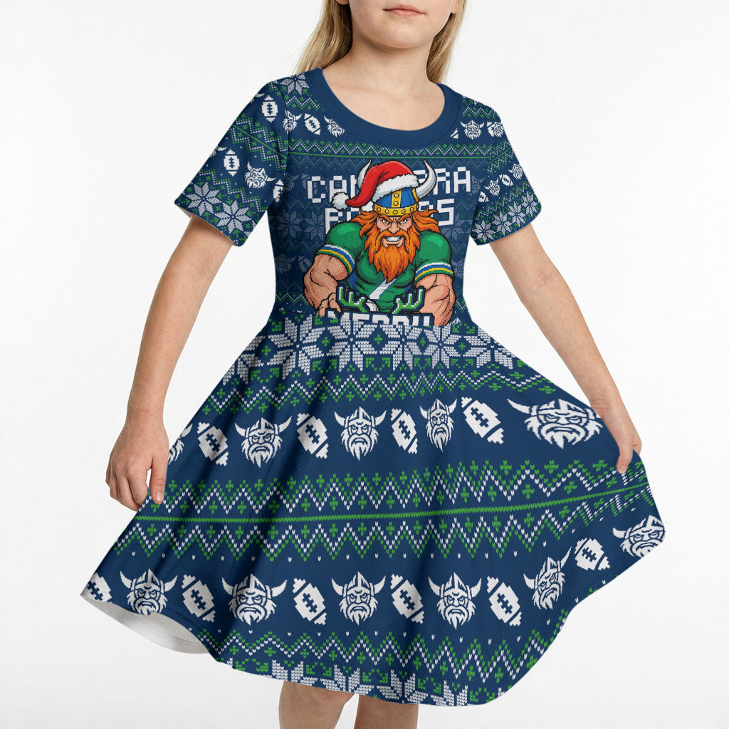 Personalized Canberra Raiders Christmas Kid Short Sleeve Dress Australian Rugby Fans - Pixelated Ugly Xmas Pattern Mascot Santa