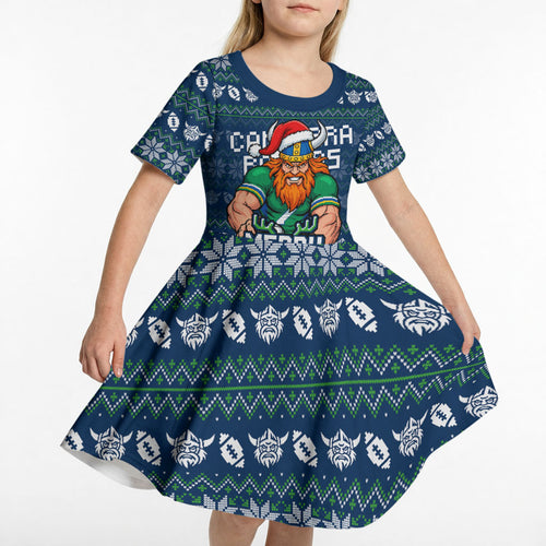 Personalized Canberra Raiders Christmas Kid Short Sleeve Dress Australian Rugby Fans - Pixelated Ugly Xmas Pattern Mascot Santa