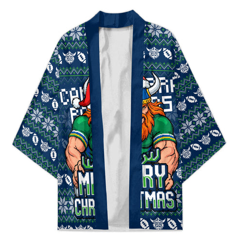 Personalized Canberra Raiders Christmas Kimono Australian Rugby Fans - Pixelated Ugly Xmas Pattern Mascot Santa