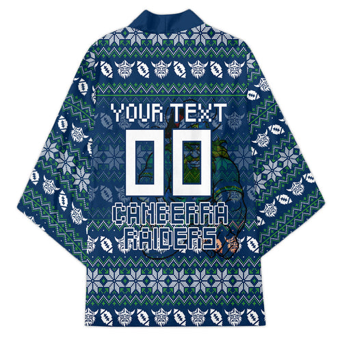 Personalized Canberra Raiders Christmas Kimono Australian Rugby Fans - Pixelated Ugly Xmas Pattern Mascot Santa