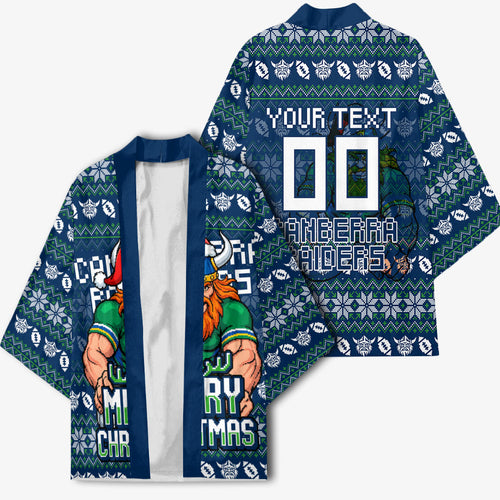 Personalized Canberra Raiders Christmas Kimono Australian Rugby Fans - Pixelated Ugly Xmas Pattern Mascot Santa